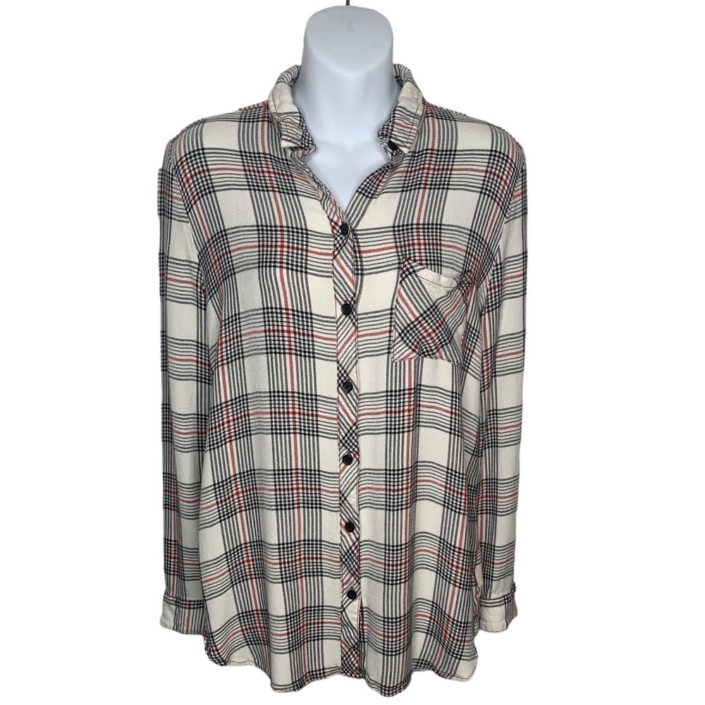 Beachlunchlounge Plaid Flannel Button Down Shirt Size Small Red Black Cream